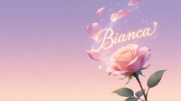 Bianca horizontal diseño 8 - Fondo de Pantalla con degradado suave que transiciona de lila en la parte superior a melocotón y rosa pastel en la base, destacando una rosa rosada hiperrealista con tallo y hojas verdes. El nombre brilla en tipografía cursiva con efecto neón cálido, adornado con pétalos cayendo y chispas de luz mágica.