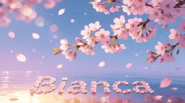 Bianca horizontal diseño 9 - Composición serena y onírica con ramas de cerezo en flor (sakura) en la parte superior contra un cielo en degradado de azul suave y lila. Pétalos de color rosa pastel flotan delicadamente en el aire cayendo hacia una superficie de agua tranquila y cristalina. En el centro inferior, el nombre está formado por pétalos de flores con un sutil efecto de relieve 3D y tipografía floral, reflejándose sobre el agua que está iluminada por un cálido destello dorado de luz solar en la esquina inferior derecha.