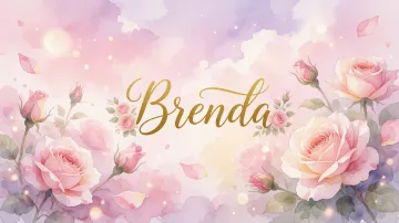 Brenda horizontal diseño 10 - Diseño estilo acuarela con un fondo etéreo y texturizado en nubes de tonos rosa pastel y lila suave. Presenta composiciones de rosas abiertas y capullos en los bordes inferior y superior, con pétalos cayendo delicadamente. Incorpora destellos de luz cálida (efecto bokeh) y, en el centro, resalta una tipografía elegante, cursiva y fluida en color dorado.