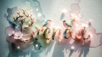 Brenda horizontal diseño 11 - Un delicado diseño de estilo acuarela digital que combina una tipografía de caligrafía personalizada para el nombre en tonos dorados y rosados suaves, adornada con pequeñas hojas y brotes. Un pajarito azul y naranja vibrante está posado en una de las letras. Todo está rodeado por un marco circular de ramas de cerezo en flor con delicadas flores rosadas y blancas. El fondo es un lavado de acuarela difuminado en tonos pastel suaves de azul cerceta, rosa rubor y melocotón sobre una textura de papel rugoso, con destellos luminosos y motas de luz bokeh flotando alrededor, creando una atmósfera mágica y soñadora. Las sombras suaves proyectadas añaden profundidad.