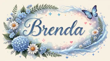 Brenda horizontal diseño 4 - Composición magica con nombre en letra cursiva azul, rodeado de hortensias azules, margaritas blancas y delicadas flores silvestres, enmarcado por suaves remolinos de agua, mariposas azules y destellos estelares sobre un fondo etéreo y romántico.