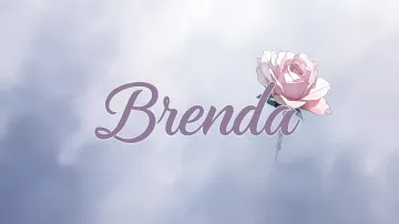 Brenda horizontal diseño 5 - Nombre en elegante tipografía cursiva caligráfica en tono lavanda, sobre fondo acuarela de cielo nublado en tonos pastel (azul, blanco, lavanda), decorado con rosa en acuarela de pétalos rosa pálido, blanco crema y lilas suaves con hojas en gris-verde.