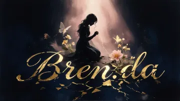Brenda horizontal diseño 6 - Composición de ilustración semirrealista cinematográfica con silueta femenina tejiendo un hilo dorado de luz sobre un suelo oscuro fracturado al estilo Kintsugi, donde el nombre resalta en un prominente guión caligráfico dorado que emerge de las grietas, rodeado de flores blancas, mariposas y un fondo degradado de azules profundos iluminado por una luz celestial en tonos melocotón y crema, con una frase de aliento en tipografía blanca en la parte inferior.