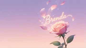 Brenda horizontal diseño 8 - Fondo de Pantalla con degradado suave que transiciona de lila en la parte superior a melocotón y rosa pastel en la base, destacando una rosa rosada hiperrealista con tallo y hojas verdes. El nombre brilla en tipografía cursiva con efecto neón cálido, adornado con pétalos cayendo y chispas de luz mágica.