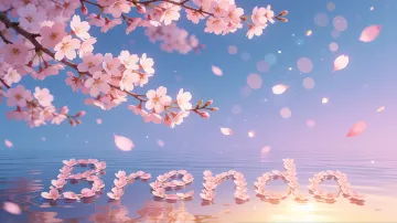 Brenda horizontal diseño 9 - Composición serena y onírica con ramas de cerezo en flor (sakura) en la parte superior contra un cielo en degradado de azul suave y lila. Pétalos de color rosa pastel flotan delicadamente en el aire cayendo hacia una superficie de agua tranquila y cristalina. En el centro inferior, el nombre está formado por pétalos de flores con un sutil efecto de relieve 3D y tipografía floral, reflejándose sobre el agua que está iluminada por un cálido destello dorado de luz solar en la esquina inferior derecha.