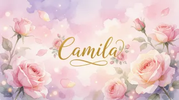 Camila horizontal diseño 10 - Diseño estilo acuarela con un fondo etéreo y texturizado en nubes de tonos rosa pastel y lila suave. Presenta composiciones de rosas abiertas y capullos en los bordes inferior y superior, con pétalos cayendo delicadamente. Incorpora destellos de luz cálida (efecto bokeh) y, en el centro, resalta una tipografía elegante, cursiva y fluida en color dorado.