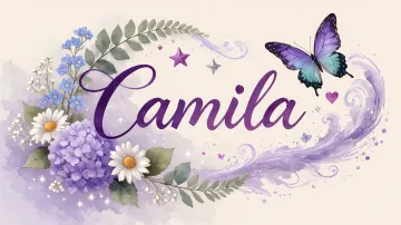 Camila horizontal diseño 2 - Diseño elegante de hortensias en tonos lila y morados suaves, con volutas estilizadas y una mariposa mística que aporta un toque etéreo y mágico.