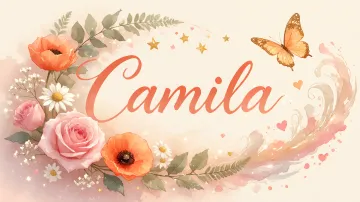 Camila horizontal diseño 3 - Elegante composición de rosas rosadas y amapolas naranjas con mariposas doradas brillantes sobre un fondo cálido, romántico y mágico.