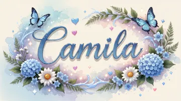 Camila horizontal diseño 4 - Composición magica con nombre en letra cursiva azul, rodeado de hortensias azules, margaritas blancas y delicadas flores silvestres, enmarcado por suaves remolinos de agua, mariposas azules y destellos estelares sobre un fondo etéreo y romántico.