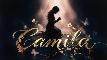 Camila horizontal diseño 6 - Composición de ilustración semirrealista cinematográfica con silueta femenina tejiendo un hilo dorado de luz sobre un suelo oscuro fracturado al estilo Kintsugi, donde el nombre resalta en un prominente guión caligráfico dorado que emerge de las grietas, rodeado de flores blancas, mariposas y un fondo degradado de azules profundos iluminado por una luz celestial en tonos melocotón y crema, con una frase de aliento en tipografía blanca en la parte inferior.