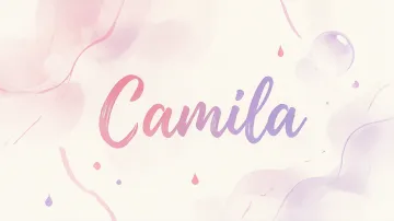Camila horizontal diseño 7 - Diseño abstracto en acuarela sobre fondo crema, con manchas fluidas y etéreas en rosa pastel y lila, líneas curvas que aportan movimiento, pequeñas gotas salpicadas cayendo verticalmente y una burbuja translúcida en la parte superior izquierda. El nombre resalta al centro con una tipografía cursiva amplia y elegante en degradado rosa a morado.