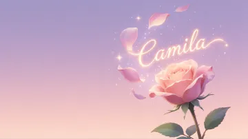 Camila horizontal diseño 8 - Fondo de Pantalla con degradado suave que transiciona de lila en la parte superior a melocotón y rosa pastel en la base, destacando una rosa rosada hiperrealista con tallo y hojas verdes. El nombre brilla en tipografía cursiva con efecto neón cálido, adornado con pétalos cayendo y chispas de luz mágica.