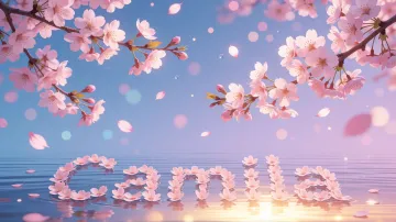 Camila horizontal diseño 9 - Composición serena y onírica con ramas de cerezo en flor (sakura) en la parte superior contra un cielo en degradado de azul suave y lila. Pétalos de color rosa pastel flotan delicadamente en el aire cayendo hacia una superficie de agua tranquila y cristalina. En el centro inferior, el nombre está formado por pétalos de flores con un sutil efecto de relieve 3D y tipografía floral, reflejándose sobre el agua que está iluminada por un cálido destello dorado de luz solar en la esquina inferior derecha.