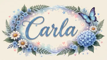 Carla horizontal diseño 4 - Composición magica con nombre en letra cursiva azul, rodeado de hortensias azules, margaritas blancas y delicadas flores silvestres, enmarcado por suaves remolinos de agua, mariposas azules y destellos estelares sobre un fondo etéreo y romántico.