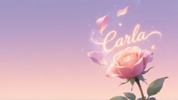 Carla horizontal diseño 8 - Fondo de Pantalla con degradado suave que transiciona de lila en la parte superior a melocotón y rosa pastel en la base, destacando una rosa rosada hiperrealista con tallo y hojas verdes. El nombre brilla en tipografía cursiva con efecto neón cálido, adornado con pétalos cayendo y chispas de luz mágica.
