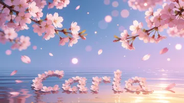 Carla horizontal diseño 9 - Composición serena y onírica con ramas de cerezo en flor (sakura) en la parte superior contra un cielo en degradado de azul suave y lila. Pétalos de color rosa pastel flotan delicadamente en el aire cayendo hacia una superficie de agua tranquila y cristalina. En el centro inferior, el nombre está formado por pétalos de flores con un sutil efecto de relieve 3D y tipografía floral, reflejándose sobre el agua que está iluminada por un cálido destello dorado de luz solar en la esquina inferior derecha.