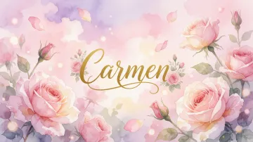 Carmen horizontal diseño 10 - Diseño estilo acuarela con un fondo etéreo y texturizado en nubes de tonos rosa pastel y lila suave. Presenta composiciones de rosas abiertas y capullos en los bordes inferior y superior, con pétalos cayendo delicadamente. Incorpora destellos de luz cálida (efecto bokeh) y, en el centro, resalta una tipografía elegante, cursiva y fluida en color dorado.