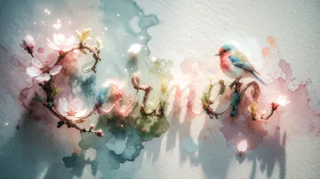 Carmen horizontal diseño 11 - Un delicado diseño de estilo acuarela digital que combina una tipografía de caligrafía personalizada para el nombre en tonos dorados y rosados suaves, adornada con pequeñas hojas y brotes. Un pajarito azul y naranja vibrante está posado en una de las letras. Todo está rodeado por un marco circular de ramas de cerezo en flor con delicadas flores rosadas y blancas. El fondo es un lavado de acuarela difuminado en tonos pastel suaves de azul cerceta, rosa rubor y melocotón sobre una textura de papel rugoso, con destellos luminosos y motas de luz bokeh flotando alrededor, creando una atmósfera mágica y soñadora. Las sombras suaves proyectadas añaden profundidad.