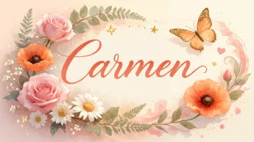 Carmen horizontal diseño 3 - Elegante composición de rosas rosadas y amapolas naranjas con mariposas doradas brillantes sobre un fondo cálido, romántico y mágico.