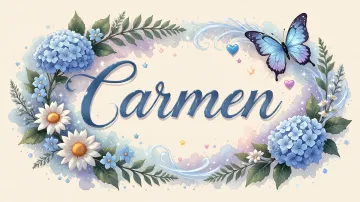 Carmen horizontal diseño 4 - Composición magica con nombre en letra cursiva azul, rodeado de hortensias azules, margaritas blancas y delicadas flores silvestres, enmarcado por suaves remolinos de agua, mariposas azules y destellos estelares sobre un fondo etéreo y romántico.