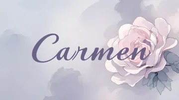 Carmen horizontal diseño 5 - Nombre en elegante tipografía cursiva caligráfica en tono lavanda, sobre fondo acuarela de cielo nublado en tonos pastel (azul, blanco, lavanda), decorado con rosa en acuarela de pétalos rosa pálido, blanco crema y lilas suaves con hojas en gris-verde.