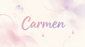 Carmen horizontal diseño 7 - Diseño abstracto en acuarela sobre fondo crema, con manchas fluidas y etéreas en rosa pastel y lila, líneas curvas que aportan movimiento, pequeñas gotas salpicadas cayendo verticalmente y una burbuja translúcida en la parte superior izquierda. El nombre resalta al centro con una tipografía cursiva amplia y elegante en degradado rosa a morado.