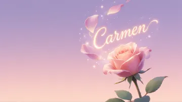 Carmen horizontal diseño 8 - Fondo de Pantalla con degradado suave que transiciona de lila en la parte superior a melocotón y rosa pastel en la base, destacando una rosa rosada hiperrealista con tallo y hojas verdes. El nombre brilla en tipografía cursiva con efecto neón cálido, adornado con pétalos cayendo y chispas de luz mágica.