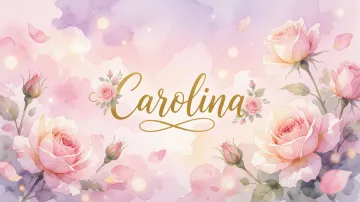 Carolina horizontal diseño 10 - Diseño estilo acuarela con un fondo etéreo y texturizado en nubes de tonos rosa pastel y lila suave. Presenta composiciones de rosas abiertas y capullos en los bordes inferior y superior, con pétalos cayendo delicadamente. Incorpora destellos de luz cálida (efecto bokeh) y, en el centro, resalta una tipografía elegante, cursiva y fluida en color dorado.