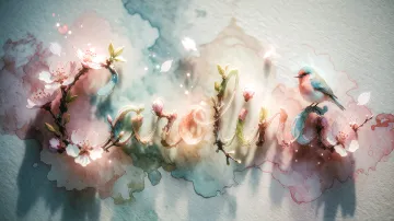 Carolina horizontal diseño 11 - Un delicado diseño de estilo acuarela digital que combina una tipografía de caligrafía personalizada para el nombre en tonos dorados y rosados suaves, adornada con pequeñas hojas y brotes. Un pajarito azul y naranja vibrante está posado en una de las letras. Todo está rodeado por un marco circular de ramas de cerezo en flor con delicadas flores rosadas y blancas. El fondo es un lavado de acuarela difuminado en tonos pastel suaves de azul cerceta, rosa rubor y melocotón sobre una textura de papel rugoso, con destellos luminosos y motas de luz bokeh flotando alrededor, creando una atmósfera mágica y soñadora. Las sombras suaves proyectadas añaden profundidad.