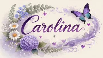 Carolina horizontal diseño 2 - Diseño elegante de hortensias en tonos lila y morados suaves, con volutas estilizadas y una mariposa mística que aporta un toque etéreo y mágico.