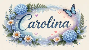 Carolina horizontal diseño 4 - Composición magica con nombre en letra cursiva azul, rodeado de hortensias azules, margaritas blancas y delicadas flores silvestres, enmarcado por suaves remolinos de agua, mariposas azules y destellos estelares sobre un fondo etéreo y romántico.