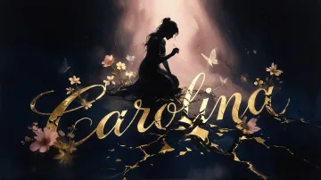 Carolina horizontal diseño 6 - Composición de ilustración semirrealista cinematográfica con silueta femenina tejiendo un hilo dorado de luz sobre un suelo oscuro fracturado al estilo Kintsugi, donde el nombre resalta en un prominente guión caligráfico dorado que emerge de las grietas, rodeado de flores blancas, mariposas y un fondo degradado de azules profundos iluminado por una luz celestial en tonos melocotón y crema, con una frase de aliento en tipografía blanca en la parte inferior.