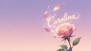 Carolina horizontal diseño 8 - Fondo de Pantalla con degradado suave que transiciona de lila en la parte superior a melocotón y rosa pastel en la base, destacando una rosa rosada hiperrealista con tallo y hojas verdes. El nombre brilla en tipografía cursiva con efecto neón cálido, adornado con pétalos cayendo y chispas de luz mágica.