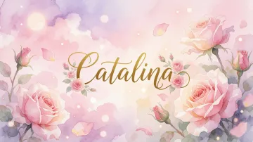 Catalina horizontal diseño 10 - Diseño estilo acuarela con un fondo etéreo y texturizado en nubes de tonos rosa pastel y lila suave. Presenta composiciones de rosas abiertas y capullos en los bordes inferior y superior, con pétalos cayendo delicadamente. Incorpora destellos de luz cálida (efecto bokeh) y, en el centro, resalta una tipografía elegante, cursiva y fluida en color dorado.