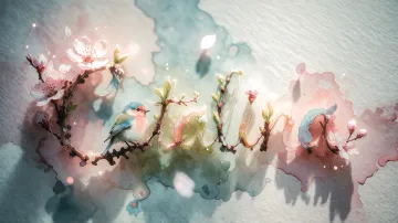 Catalina horizontal diseño 11 - Un delicado diseño de estilo acuarela digital que combina una tipografía de caligrafía personalizada para el nombre en tonos dorados y rosados suaves, adornada con pequeñas hojas y brotes. Un pajarito azul y naranja vibrante está posado en una de las letras. Todo está rodeado por un marco circular de ramas de cerezo en flor con delicadas flores rosadas y blancas. El fondo es un lavado de acuarela difuminado en tonos pastel suaves de azul cerceta, rosa rubor y melocotón sobre una textura de papel rugoso, con destellos luminosos y motas de luz bokeh flotando alrededor, creando una atmósfera mágica y soñadora. Las sombras suaves proyectadas añaden profundidad.