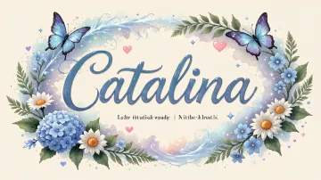 Catalina horizontal diseño 4 - Composición magica con nombre en letra cursiva azul, rodeado de hortensias azules, margaritas blancas y delicadas flores silvestres, enmarcado por suaves remolinos de agua, mariposas azules y destellos estelares sobre un fondo etéreo y romántico.