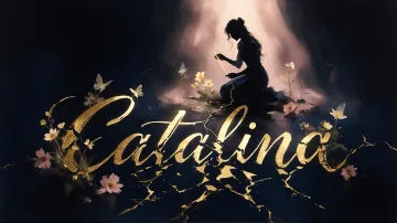 Catalina horizontal diseño 6 - Composición de ilustración semirrealista cinematográfica con silueta femenina tejiendo un hilo dorado de luz sobre un suelo oscuro fracturado al estilo Kintsugi, donde el nombre resalta en un prominente guión caligráfico dorado que emerge de las grietas, rodeado de flores blancas, mariposas y un fondo degradado de azules profundos iluminado por una luz celestial en tonos melocotón y crema, con una frase de aliento en tipografía blanca en la parte inferior.