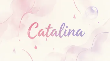 Catalina horizontal diseño 7 - Diseño abstracto en acuarela sobre fondo crema, con manchas fluidas y etéreas en rosa pastel y lila, líneas curvas que aportan movimiento, pequeñas gotas salpicadas cayendo verticalmente y una burbuja translúcida en la parte superior izquierda. El nombre resalta al centro con una tipografía cursiva amplia y elegante en degradado rosa a morado.