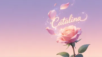 Catalina horizontal diseño 8 - Fondo de Pantalla con degradado suave que transiciona de lila en la parte superior a melocotón y rosa pastel en la base, destacando una rosa rosada hiperrealista con tallo y hojas verdes. El nombre brilla en tipografía cursiva con efecto neón cálido, adornado con pétalos cayendo y chispas de luz mágica.