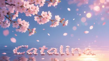 Catalina horizontal diseño 9 - Composición serena y onírica con ramas de cerezo en flor (sakura) en la parte superior contra un cielo en degradado de azul suave y lila. Pétalos de color rosa pastel flotan delicadamente en el aire cayendo hacia una superficie de agua tranquila y cristalina. En el centro inferior, el nombre está formado por pétalos de flores con un sutil efecto de relieve 3D y tipografía floral, reflejándose sobre el agua que está iluminada por un cálido destello dorado de luz solar en la esquina inferior derecha.