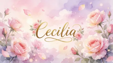 Cecilia horizontal diseño 10 - Diseño estilo acuarela con un fondo etéreo y texturizado en nubes de tonos rosa pastel y lila suave. Presenta composiciones de rosas abiertas y capullos en los bordes inferior y superior, con pétalos cayendo delicadamente. Incorpora destellos de luz cálida (efecto bokeh) y, en el centro, resalta una tipografía elegante, cursiva y fluida en color dorado.
