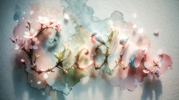 Cecilia horizontal diseño 11 - Un delicado diseño de estilo acuarela digital que combina una tipografía de caligrafía personalizada para el nombre en tonos dorados y rosados suaves, adornada con pequeñas hojas y brotes. Un pajarito azul y naranja vibrante está posado en una de las letras. Todo está rodeado por un marco circular de ramas de cerezo en flor con delicadas flores rosadas y blancas. El fondo es un lavado de acuarela difuminado en tonos pastel suaves de azul cerceta, rosa rubor y melocotón sobre una textura de papel rugoso, con destellos luminosos y motas de luz bokeh flotando alrededor, creando una atmósfera mágica y soñadora. Las sombras suaves proyectadas añaden profundidad.