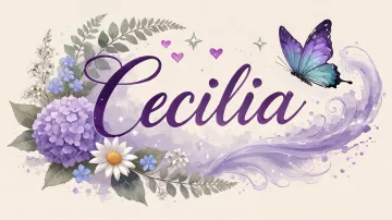 Cecilia horizontal diseño 2 - Diseño elegante de hortensias en tonos lila y morados suaves, con volutas estilizadas y una mariposa mística que aporta un toque etéreo y mágico.