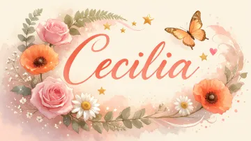 Cecilia horizontal diseño 3 - Elegante composición de rosas rosadas y amapolas naranjas con mariposas doradas brillantes sobre un fondo cálido, romántico y mágico.