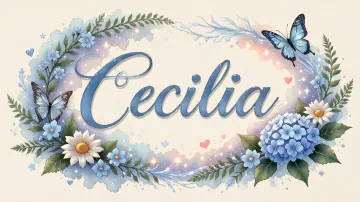 Cecilia horizontal diseño 4 - Composición magica con nombre en letra cursiva azul, rodeado de hortensias azules, margaritas blancas y delicadas flores silvestres, enmarcado por suaves remolinos de agua, mariposas azules y destellos estelares sobre un fondo etéreo y romántico.