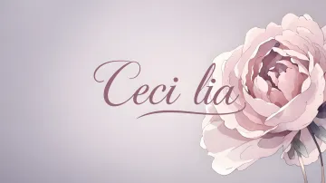 Cecilia horizontal diseño 5 - Nombre en elegante tipografía cursiva caligráfica en tono lavanda, sobre fondo acuarela de cielo nublado en tonos pastel (azul, blanco, lavanda), decorado con rosa en acuarela de pétalos rosa pálido, blanco crema y lilas suaves con hojas en gris-verde.