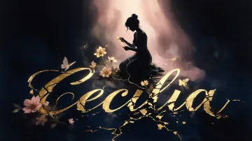 Cecilia horizontal diseño 6 - Composición de ilustración semirrealista cinematográfica con silueta femenina tejiendo un hilo dorado de luz sobre un suelo oscuro fracturado al estilo Kintsugi, donde el nombre resalta en un prominente guión caligráfico dorado que emerge de las grietas, rodeado de flores blancas, mariposas y un fondo degradado de azules profundos iluminado por una luz celestial en tonos melocotón y crema, con una frase de aliento en tipografía blanca en la parte inferior.