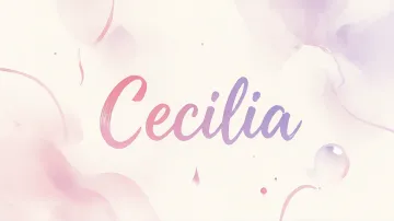 Cecilia horizontal diseño 7 - Diseño abstracto en acuarela sobre fondo crema, con manchas fluidas y etéreas en rosa pastel y lila, líneas curvas que aportan movimiento, pequeñas gotas salpicadas cayendo verticalmente y una burbuja translúcida en la parte superior izquierda. El nombre resalta al centro con una tipografía cursiva amplia y elegante en degradado rosa a morado.