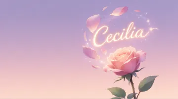 Cecilia horizontal diseño 8 - Fondo de Pantalla con degradado suave que transiciona de lila en la parte superior a melocotón y rosa pastel en la base, destacando una rosa rosada hiperrealista con tallo y hojas verdes. El nombre brilla en tipografía cursiva con efecto neón cálido, adornado con pétalos cayendo y chispas de luz mágica.