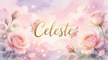 Celeste horizontal diseño 10 - Diseño estilo acuarela con un fondo etéreo y texturizado en nubes de tonos rosa pastel y lila suave. Presenta composiciones de rosas abiertas y capullos en los bordes inferior y superior, con pétalos cayendo delicadamente. Incorpora destellos de luz cálida (efecto bokeh) y, en el centro, resalta una tipografía elegante, cursiva y fluida en color dorado.